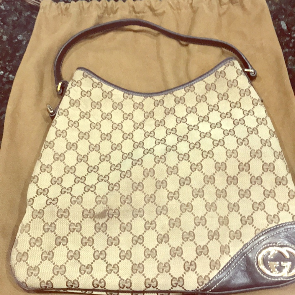 Gucci Beige Brown GG Canvas Hobo Bag with Leather Trim